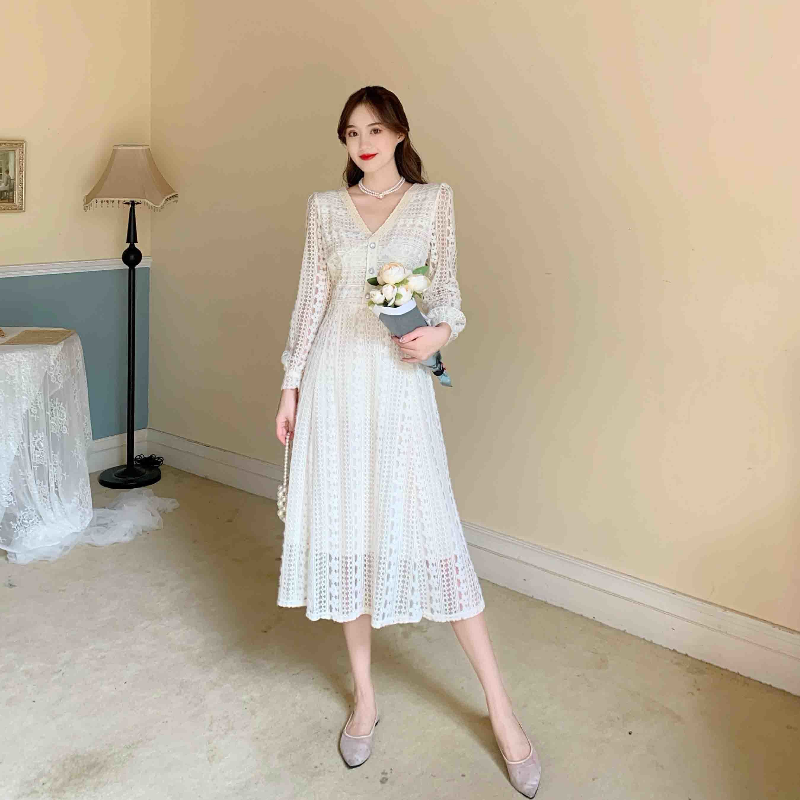 French Fairy Elegant Dress Women Casual Dress Korean Long Sleeve V-neck Evening Party Vintage Dress Female Autumn 210521