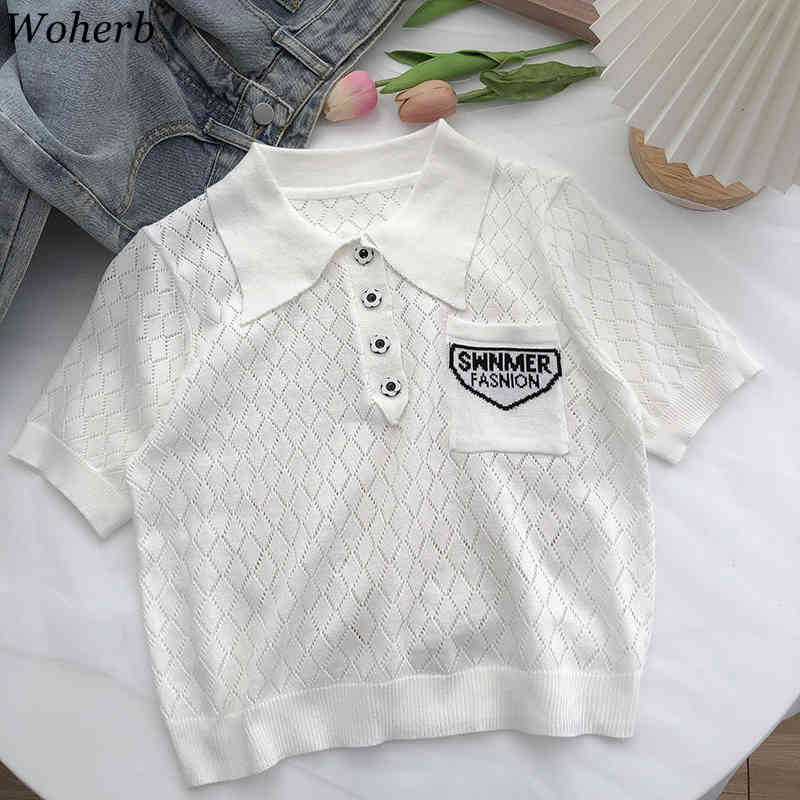 Summer Solid Women Pullover Sweater Short Sleeve Letter Print Hollow Basic Knitwear Casual Fashion Vintage Ladies Jumper 210519