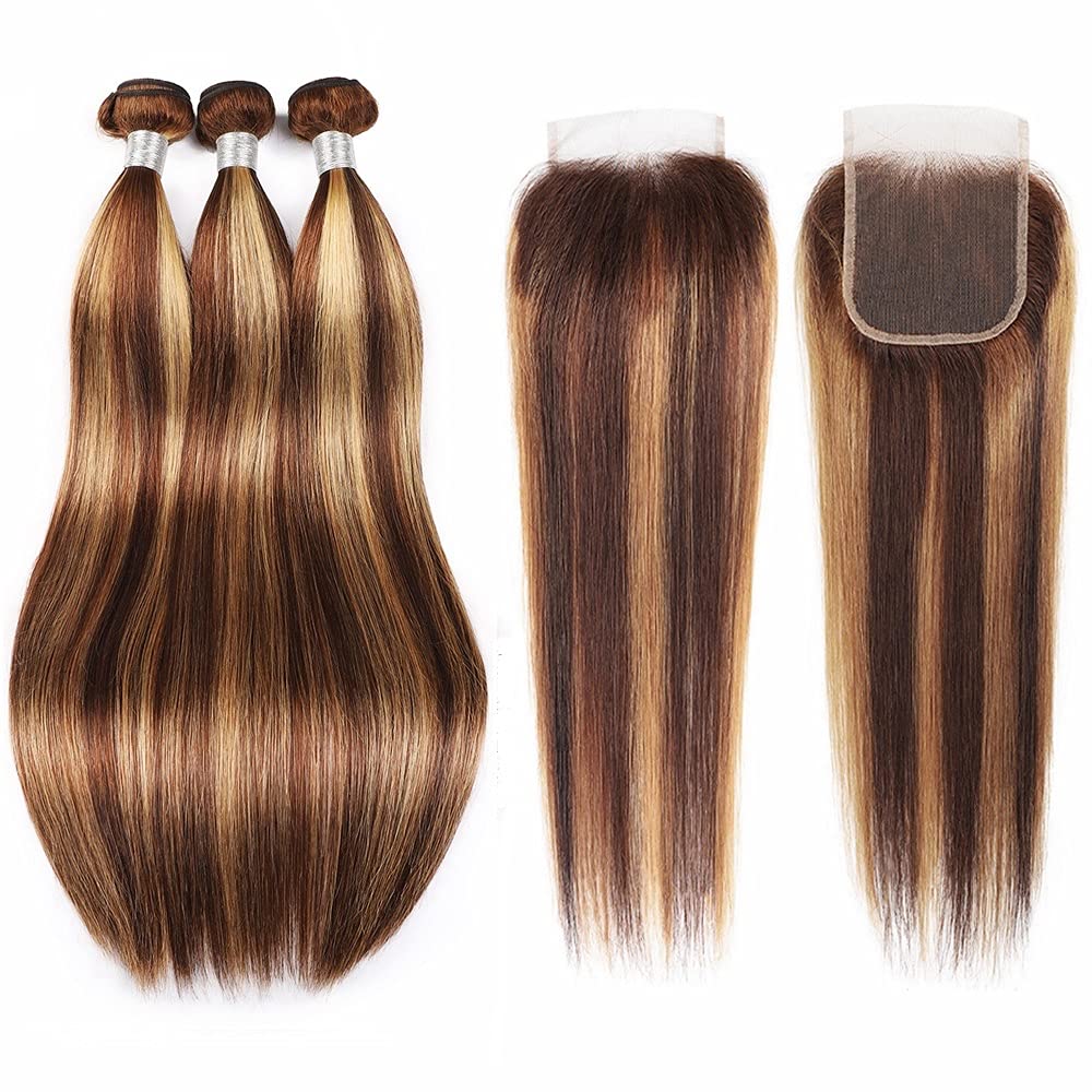 Highlight Brazilian Straight Hair 3 Bundles With Closures Free Part P4/27 Color Full Soft Dyeable