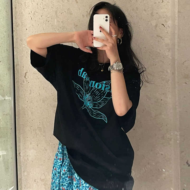 Korejpaa Women T-Shirt Summer Korean Chic All-Match Round Neck Plant Sketch Letter Printing Contrast Color Loose Pullover 210526