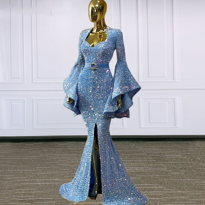 Long Sleeves Bling Blue Mermaid Evening Dress 2022 meerjungfrau abendkleid Sequins with Slit Caftan Arabic Prom Gowns Party Dresses