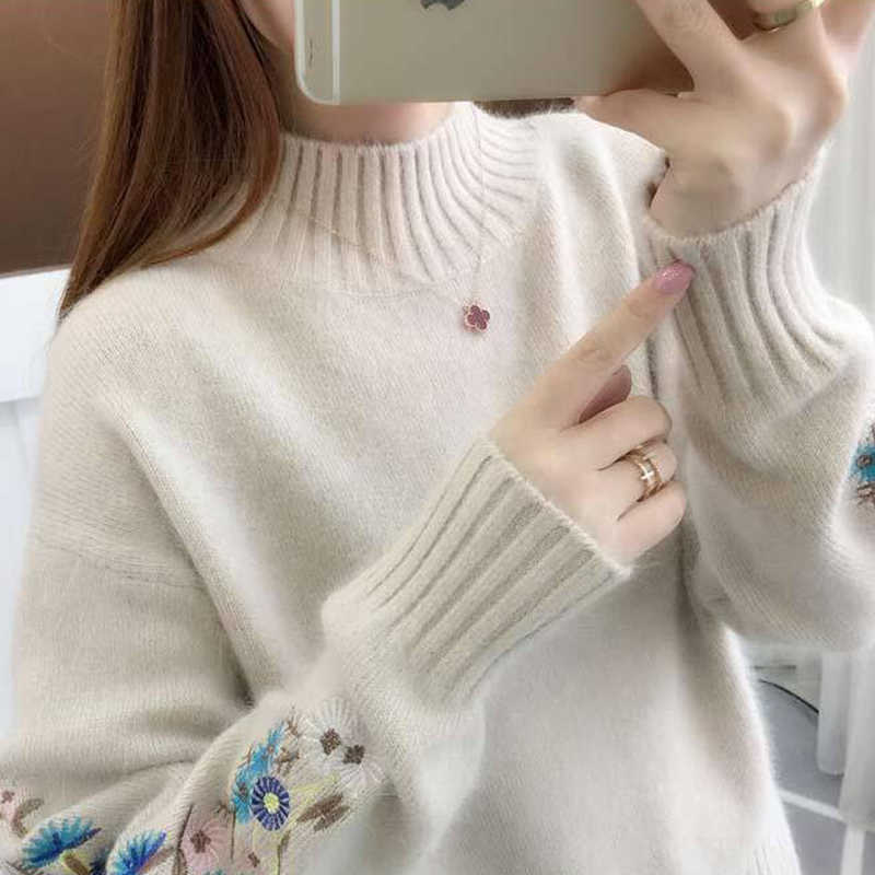 SURMIITRO Korean Women Turtleneck Autumn Winter Knitted Embroidery Jumper Women Sweaters And Pullovers Female Knitwear 210712wtt