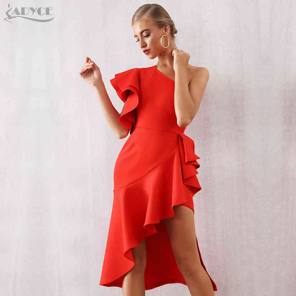 Summer Women One Shoulder Celebrity Party Dress Sexy Khaki Red Ruffles Bodycon Mermaid Club 210423