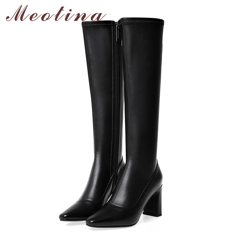 Meotina Winter Knee High Boots Women Natural Genuine Leather Thick Heel Long Boots Zip Super High Heel Shoes Lady Autumn Size 43 210520