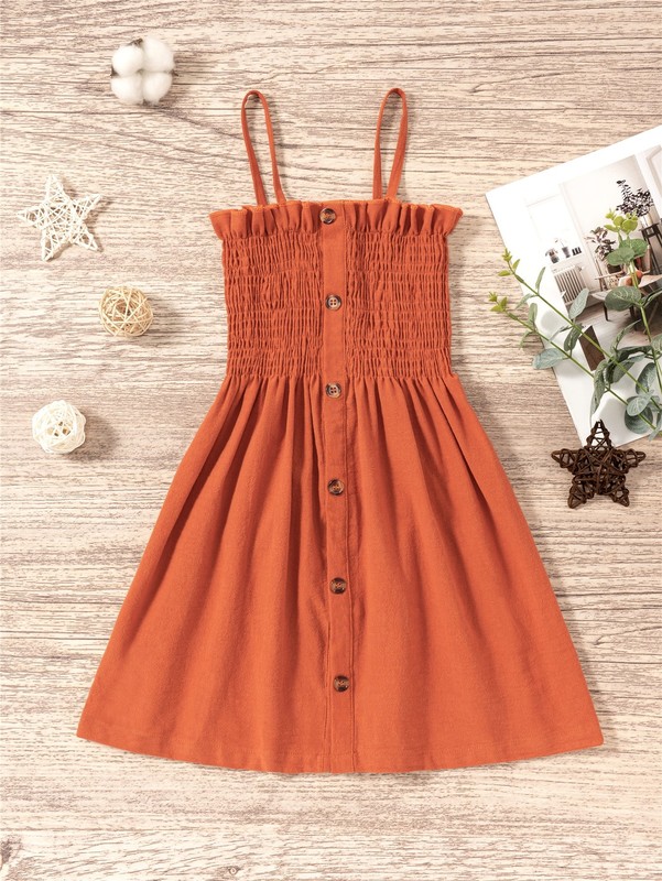 Toddler Girls Shirred Button Front Ruffle Trim Cami Dress SHE