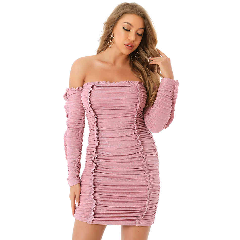 Summer Off Shoulder Long Sleeve Dress For Women Sexy Draped Pink Mini Fashion Club Evening Runway Party Dresses 210423