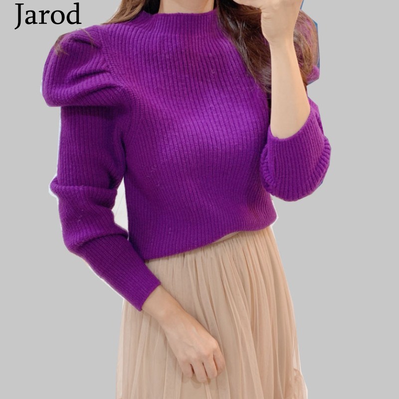 Long Puff Sleeve Sweet Sweater Women Autumn Winter Arrivals Candy Color Turtleneck Knitted Sweaters And Pullovers Women 210518
