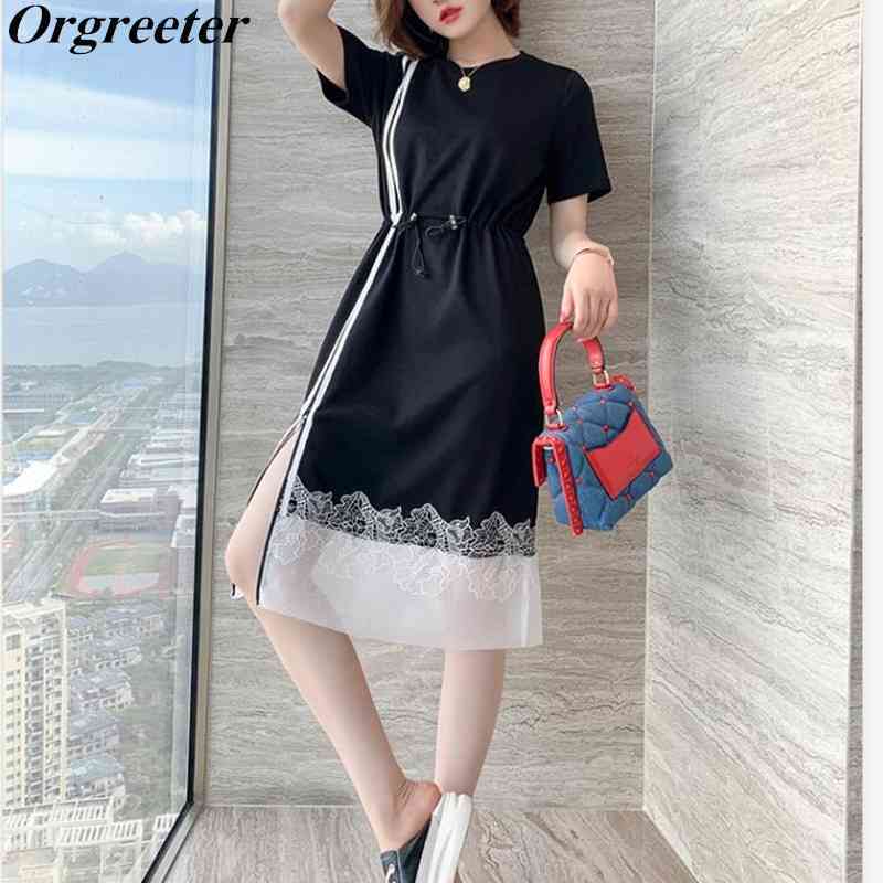 Chic Sideways Contrast Stitching Zip Lace hem Drawstring lace up Waist Long Tshirt Dress Women O-neck Short Loose Casual 210525, Black
Chic Sideways Contrast Stitching Zip Lace hem Drawstring lace up Waist Long Tshirt Dress Women O-neck Short Loose Casual 210525, Black