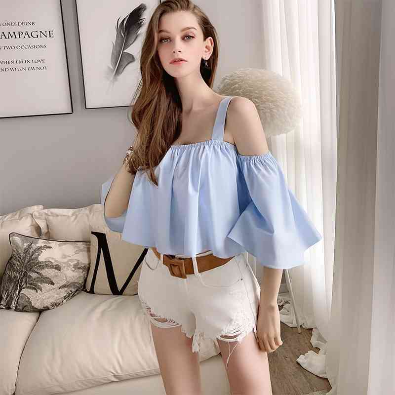 Dabuwawa Sexy Blue Ruffle Sleeve Off Shoulder Short Blouse Women Loose Fit Solid Summer Womens Shirts and Blouses DT1BST028 210520
