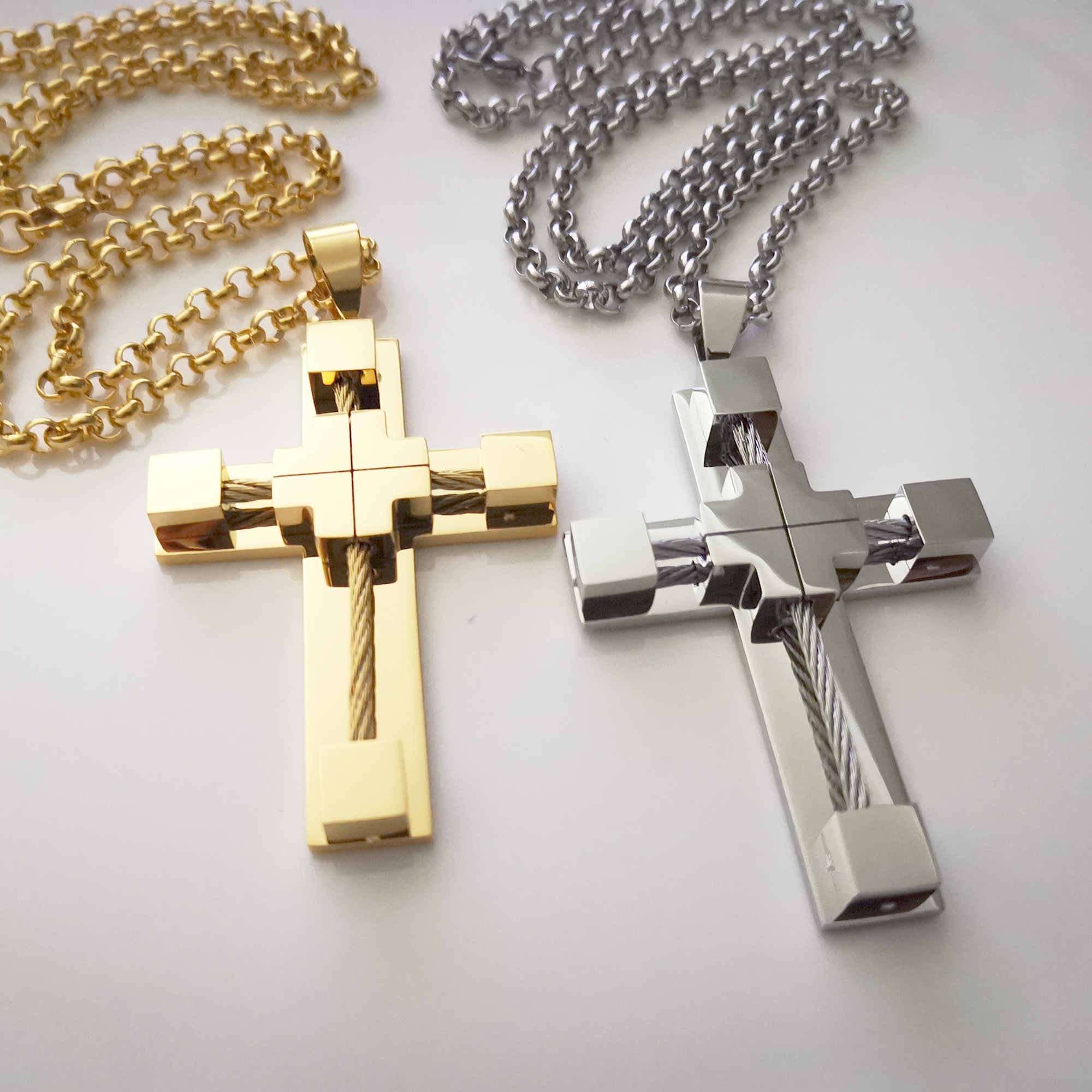 Men's Cross Necklace 316L Stainless Steel Jesus Christ Pendant White/Gold/Rolo Chain Jewelry 4MM 24 INCH