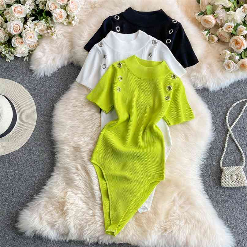Short-sleeve Knitted Skinny Bodysuits Women Summer Style Metal Circle Holes Slim Body Top Solid Basic Overalls Tops 210603, Black
Short-sleeve Knitted Skinny Bodysuits Women Summer Style Metal Circle Holes Slim Body Top Solid Basic Overalls Tops 210603, Black