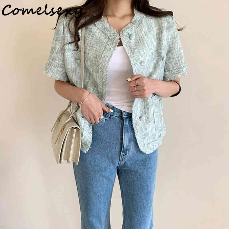 Comelsexy Summer Vintage Single Breasted Women's Jacket Chic Short Sleeve Jacket Female Short Outwear Pockets 210515