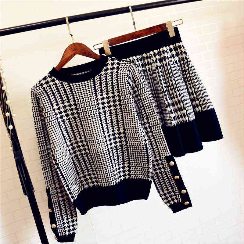 Autumn Winter Plaid Sweater Skirt Suit Women 2 Piece Set Long Sleeve O Neck Button Knitted Crop And A Line 211106
