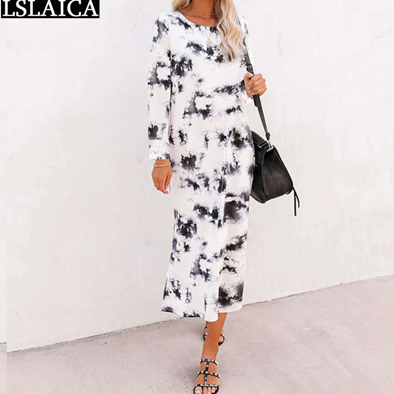 Autumn Dress Women Casual Floral Print Long Sleeve O Neck Ladies Maxi Fashion Loose Plus Size Beach Holiday Vestidos 210515