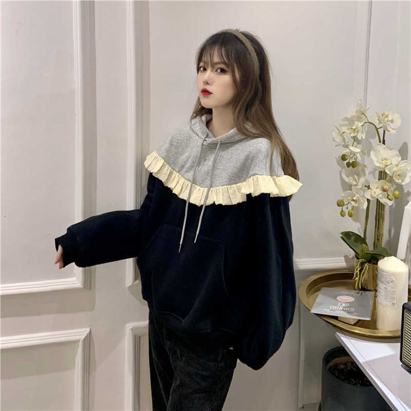 Korean Hit Color Ruffle Patchwork Hooded Sweatshirt Causal Long Sleeve Women Hoodies Thick Top Jumpers 6F165 210603