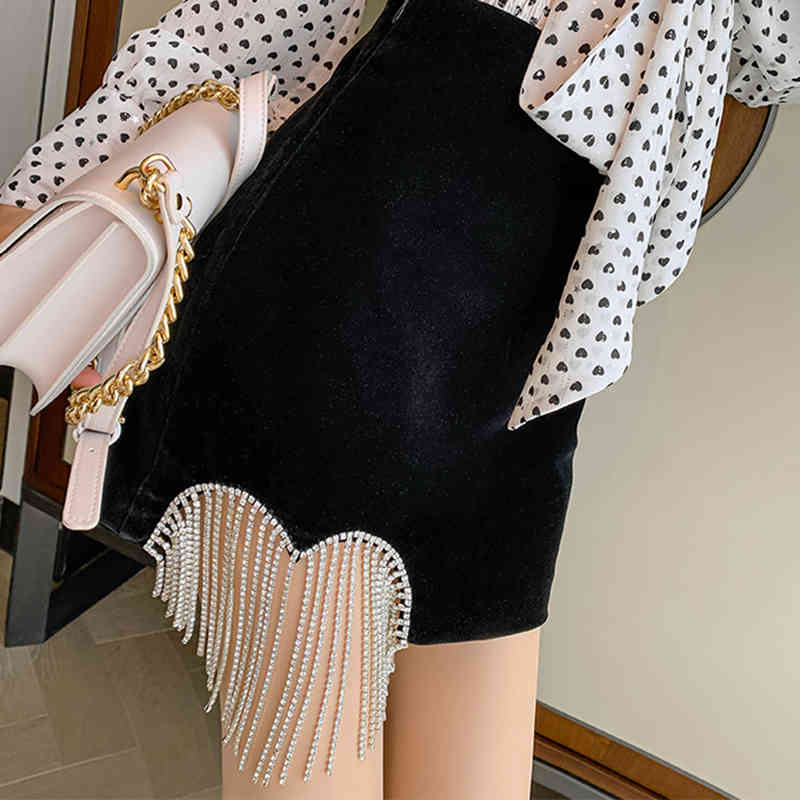 VGH Black Sexy Skirt For Women High Waist Patchwork Diamonds Tassel A Line Casual Mini Dresses Female Korean Summer Fashion 210421