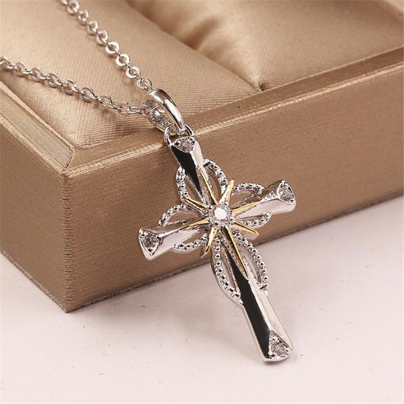 Vintage Sier Fill Cross Pendant Necklace for Lover Gift, White Sapphire CZ Dia Eternity Clavicle Jewelry