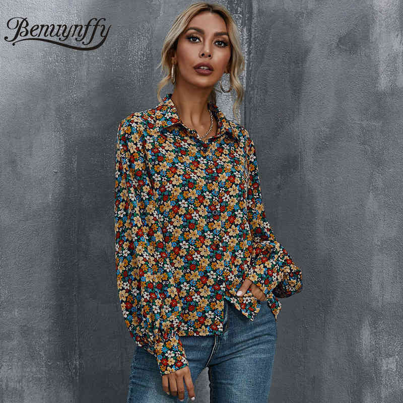 Turn-down Collar Bishop Sleeve Floral Shirt Top Women Spring Button Up Long Office Lady Casual Print Shirts 210510