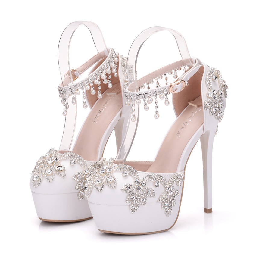 White Rhinestone women's wedding shoes Beaded tassel chain waterproof platform high heels, White 14cm
White Rhinestone women's wedding shoes Beaded tassel chain waterproof platform high heels, White 14cm