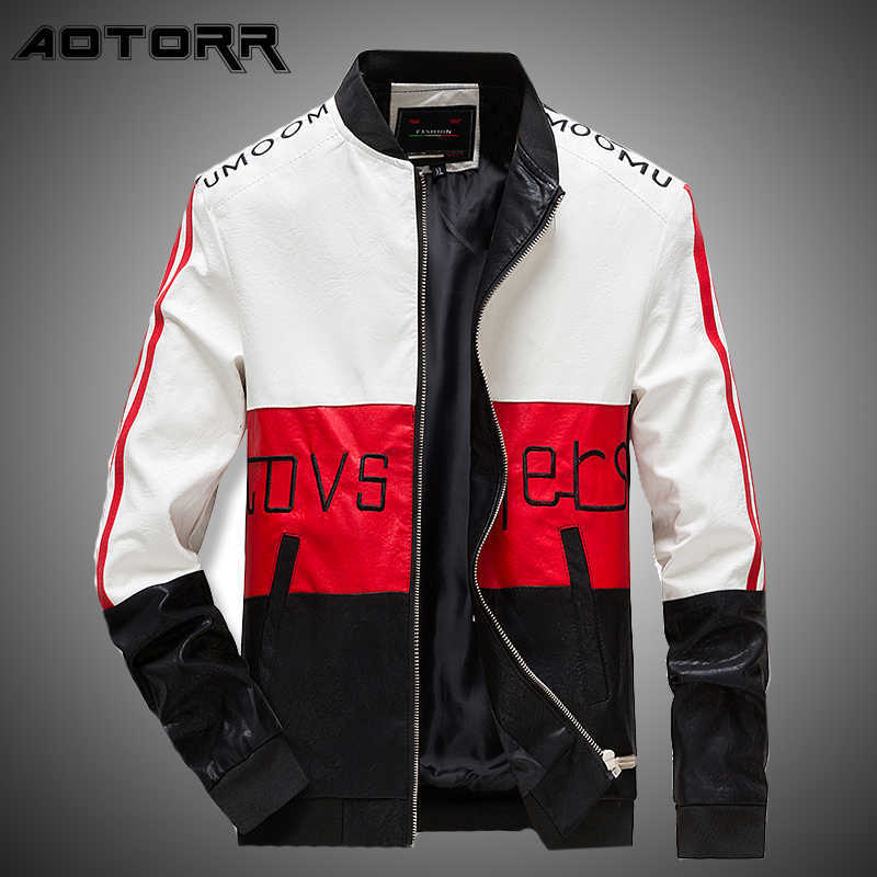 Letter Print Leather Jacket Men Biker Jackets Fashion Zipper Stand Collar PU Jacket Mens Autumn Stripes Coats Streetwear 211018