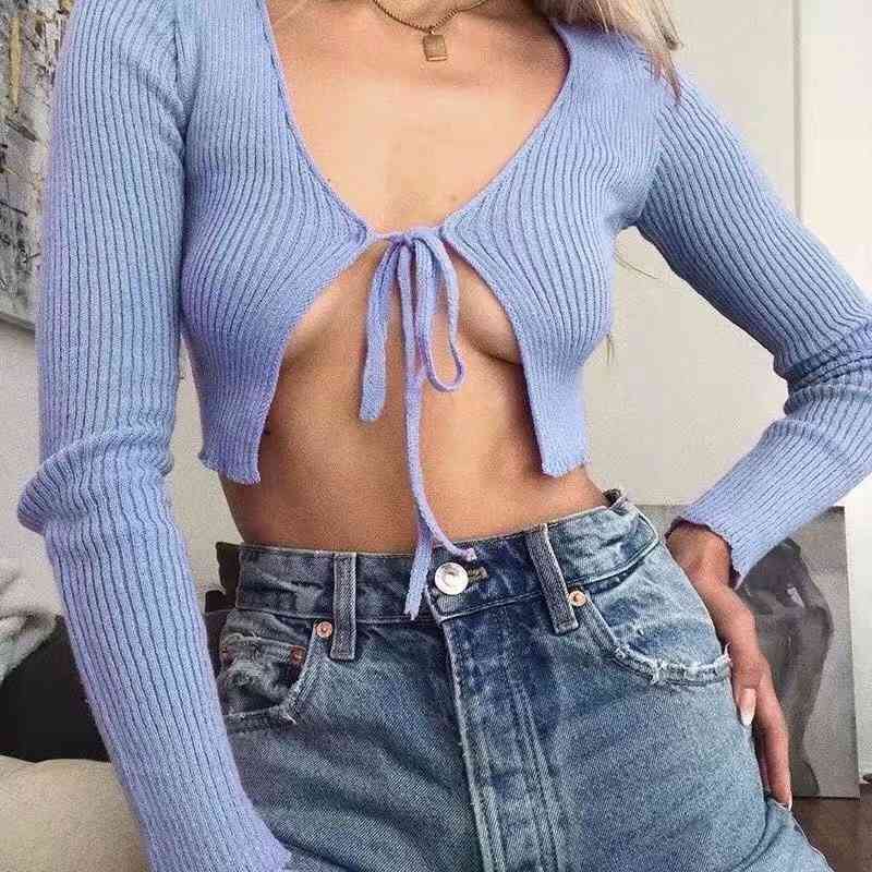 Streetwear Tie Bandage Knitted Cardigan Sweater Retro Woman Long sleeve Bow Cropped Jumper Sexy Clothes 210429