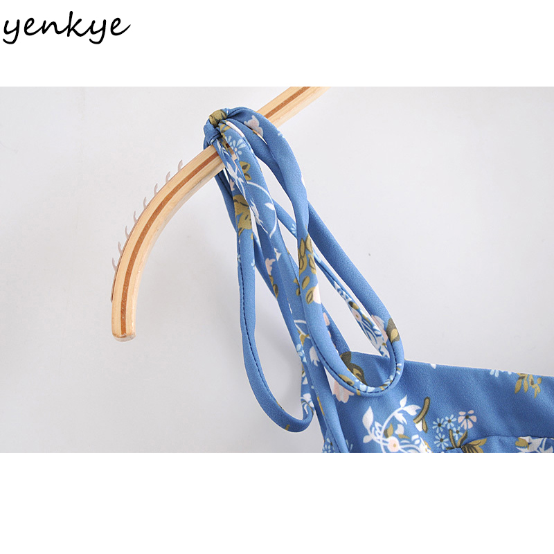 YENKYE Sweet Floral Print Holiday Summer Dress Women Sleeveless Sexy Slits A-line Midi Sling Chiffon Dress Female Party Vestido 210515