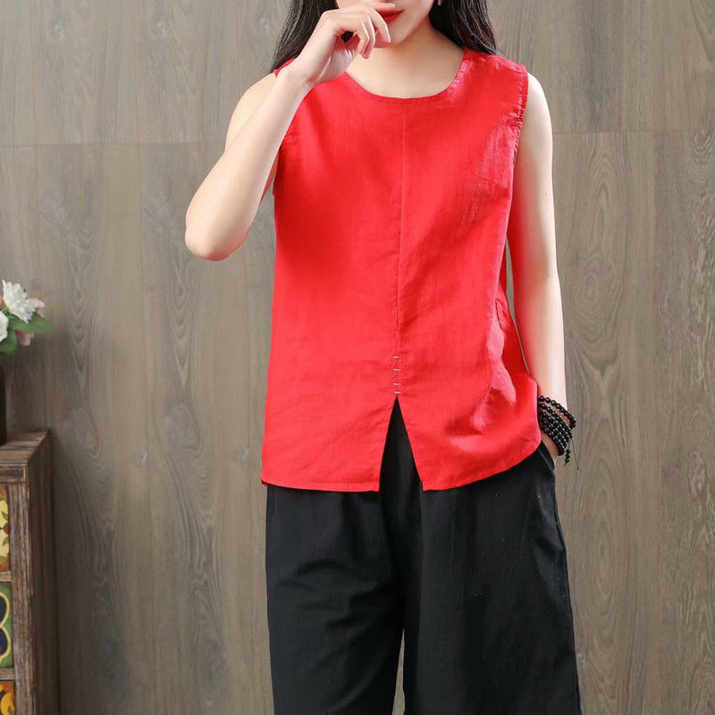 Summer Arts Style Women Solid Sleeveless Tank Top Loose Cotton Linen Femme Allmatched Casual Basic Tops S985 210512