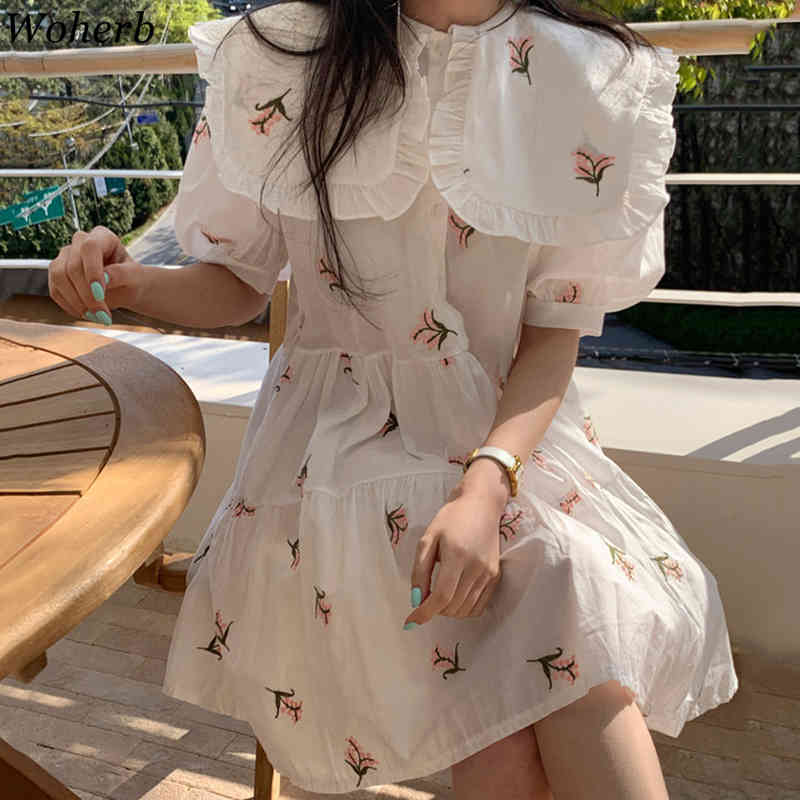 Sweet Women Dress Summer Korean Big Turn Down Collar Vestidos Embroidered Floral Single Breasted Kawaii Dresses 210519