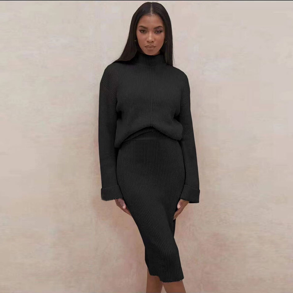 Free Women's Knitted Set Fashion High Neck Long Sleeve Pullover & Waist Tight Skirt 2-piece casual suit 210524