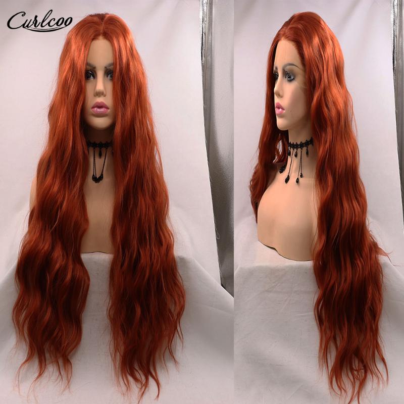 Synthetic Wigs Natural Wave Copper Red Hair Lace Front Middle Part High Temperature Fiber Glueless Cosplay Wig For Black Women