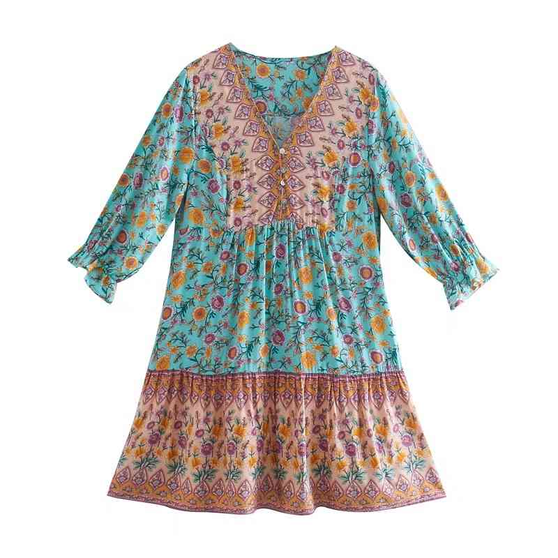 Bohemian Open Buttons Hit color Floral Print Short Dress Hippie 3/4 Sleeve Woman Holiday Dresses BOHO 3 Colors 210429