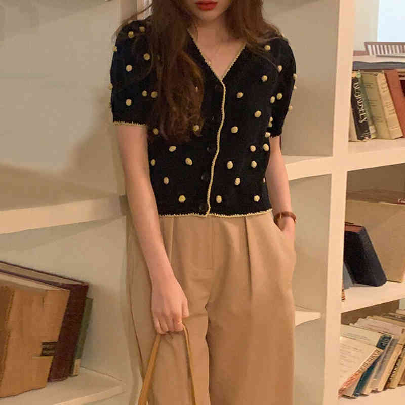 Women Sets Summer Korean Chic Retro V-Neck Three-Dimensional Fur Ball Knitted Sweater High-Waist Casual Trousers 210514