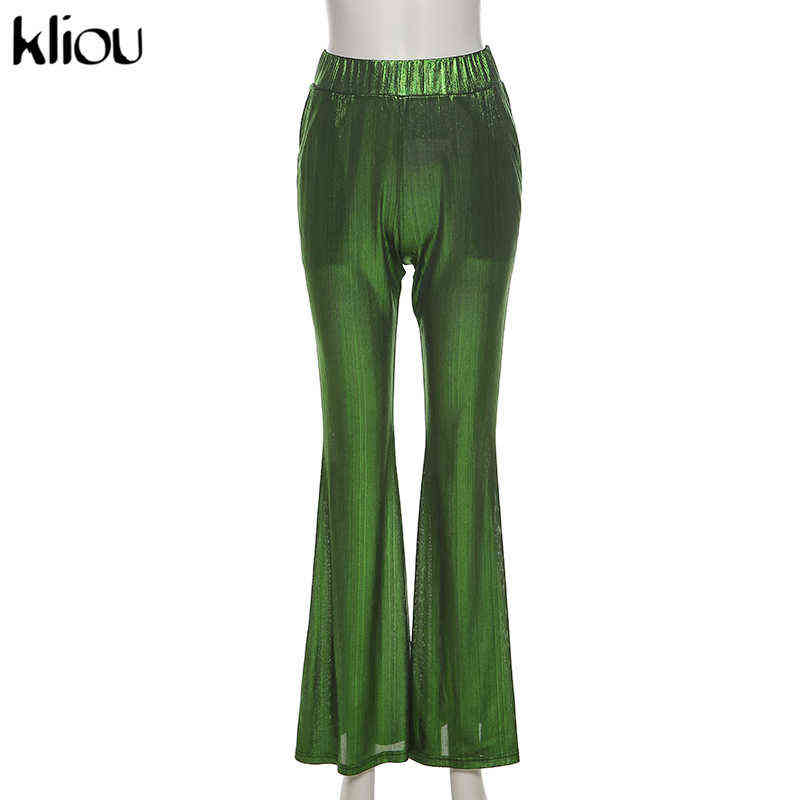 Kliou Ice Silk Boot Cut Pants For Women Hipster Oversized Simple Basic Clothing Elastic High Weist Casual Streetwear Trousers 211115