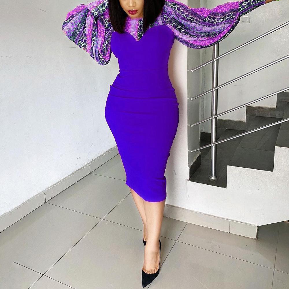 African Business Dress For Women Office Purple Patchwork Full Sleeve Bodycon Mid Calf Elegant Work Clothes Midi Dresses 210510