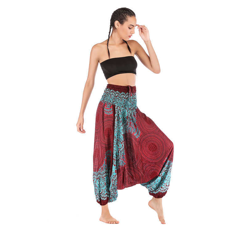 Thailand India Female Casual Loose Big Fork Pants Bohemia Floral Printed Elastici Waist Ladies Lace Up Dance Trouses Harem 210604