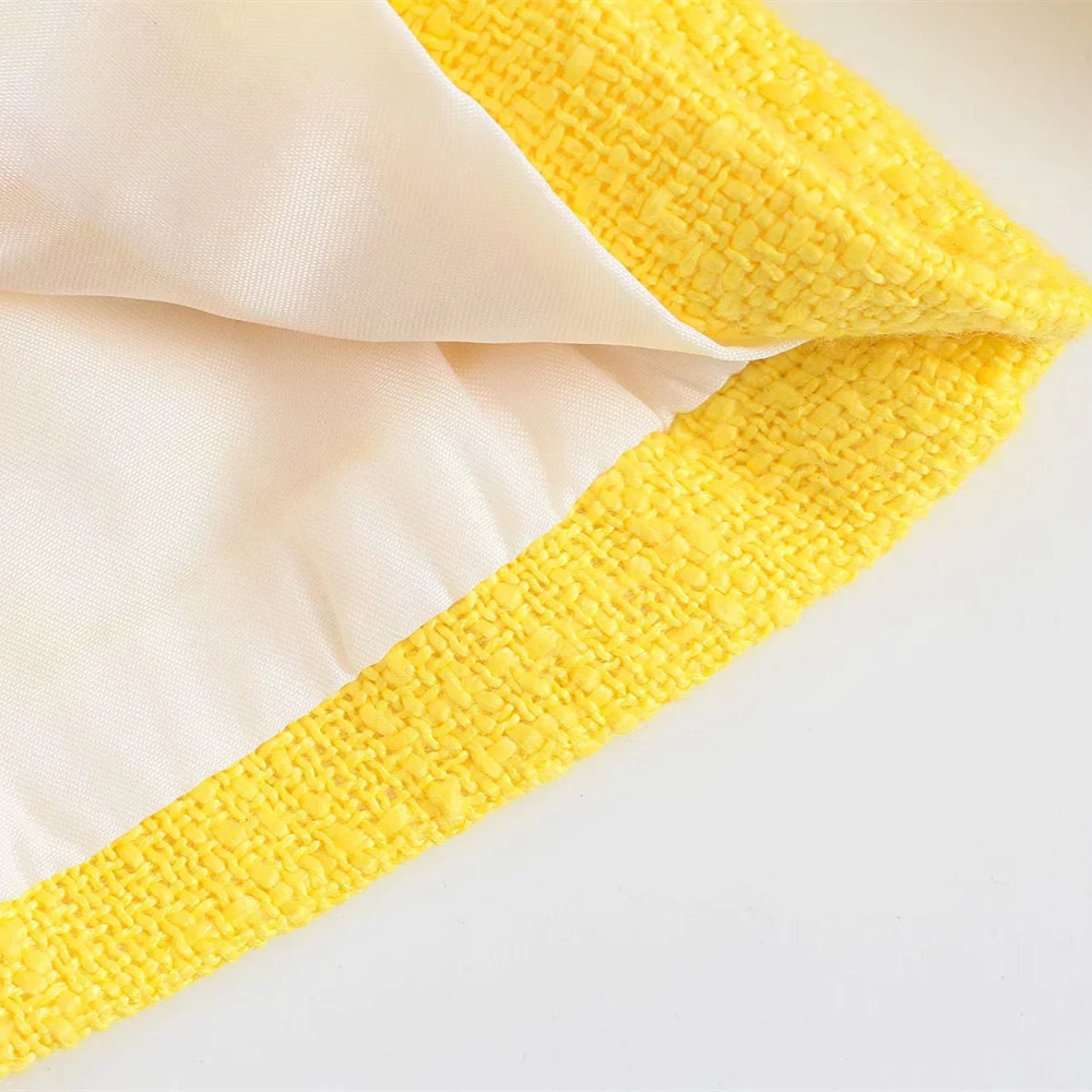 Fashion Women Yellow Tweed Blazer Jacket Spring Double Breasted Female Autumn Coat Chic Pockets Office Lady Elegant Top 210521