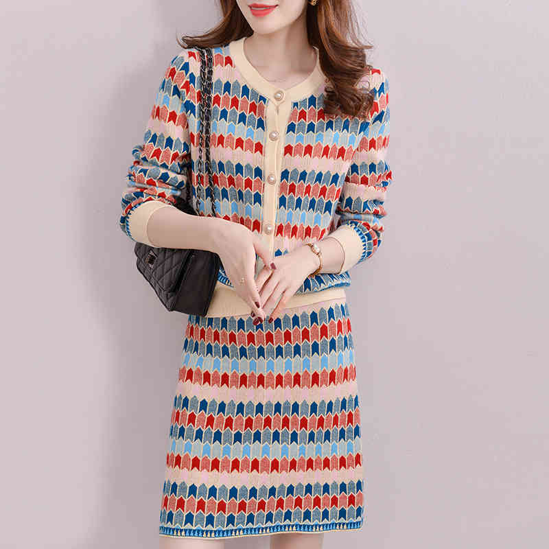 Spring Women's Two Piece Set Fashion Geometry Knit Sweater V-Neck Long Sleeve Cardigan + Mini Skirt Elegant Female Suits 210518