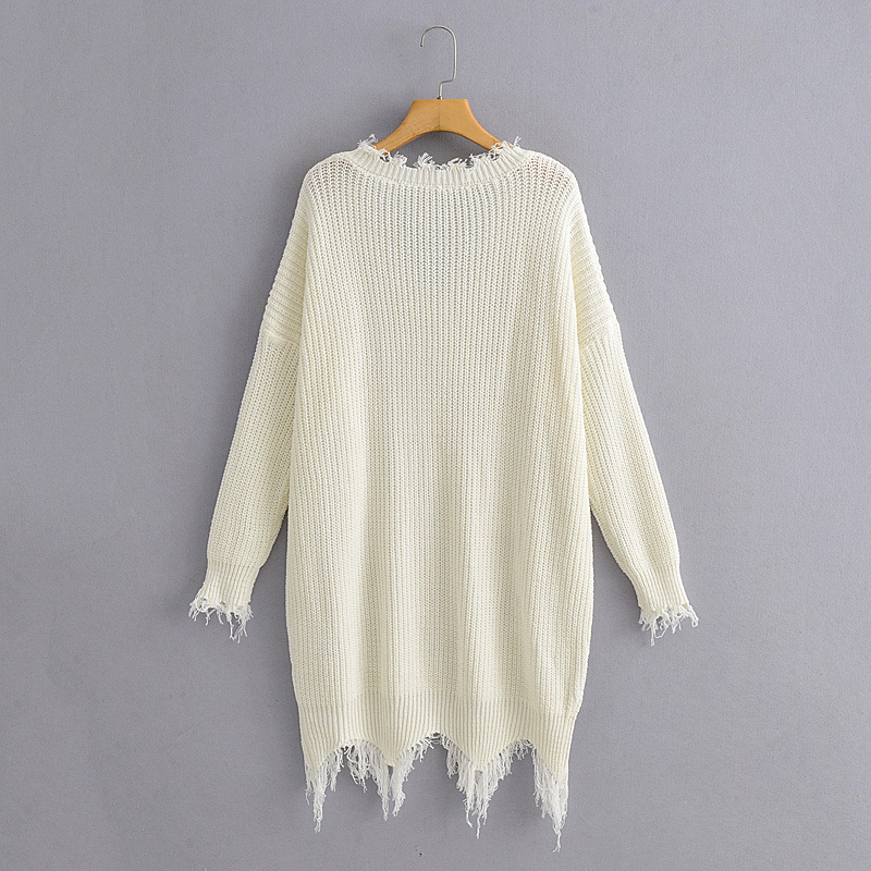 autumn winter women white V-neck tassel mid-length high waist loose pullover knitted sweater tops mujer suteres 210508