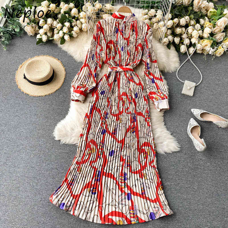 Neploe Vintage Bohemian Holiday Maxi Dress Women High Waist Hip A Line Draped Vestidos O Neck Long Sleeve Print Pleated Dresses 210422