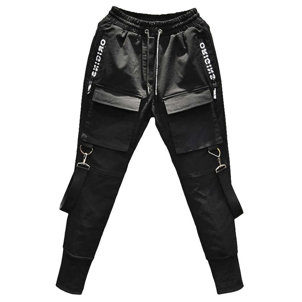 2021 Hiphop Streetwear Jogger Pant Men Black Multi-pocket Ribbons Pants Cotton Casual Street Style Sweatpants Men Y0927