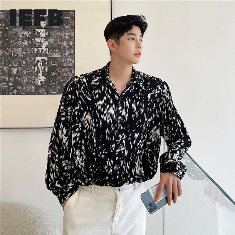 IEFB Korean Streetwear Men's Clothing Leopard Print Long Sleeve Shirt Casual Trend Fashionable Oversize Loose Lapel Tops 9Y6760 210524