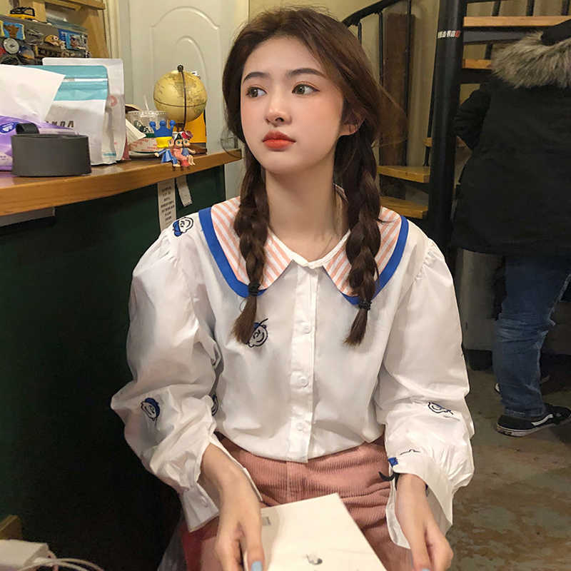 Korea Chic Cartoon Embroidery Blouse Shirt Sweet Striped Peter Pan Collar Women Top Causal Long Sleeve Blusas 6G913 210603
