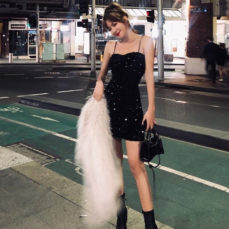 sexy dress mini black sequined bodycon club night spaghetti stap gothic party summer es for women vestidos 210421