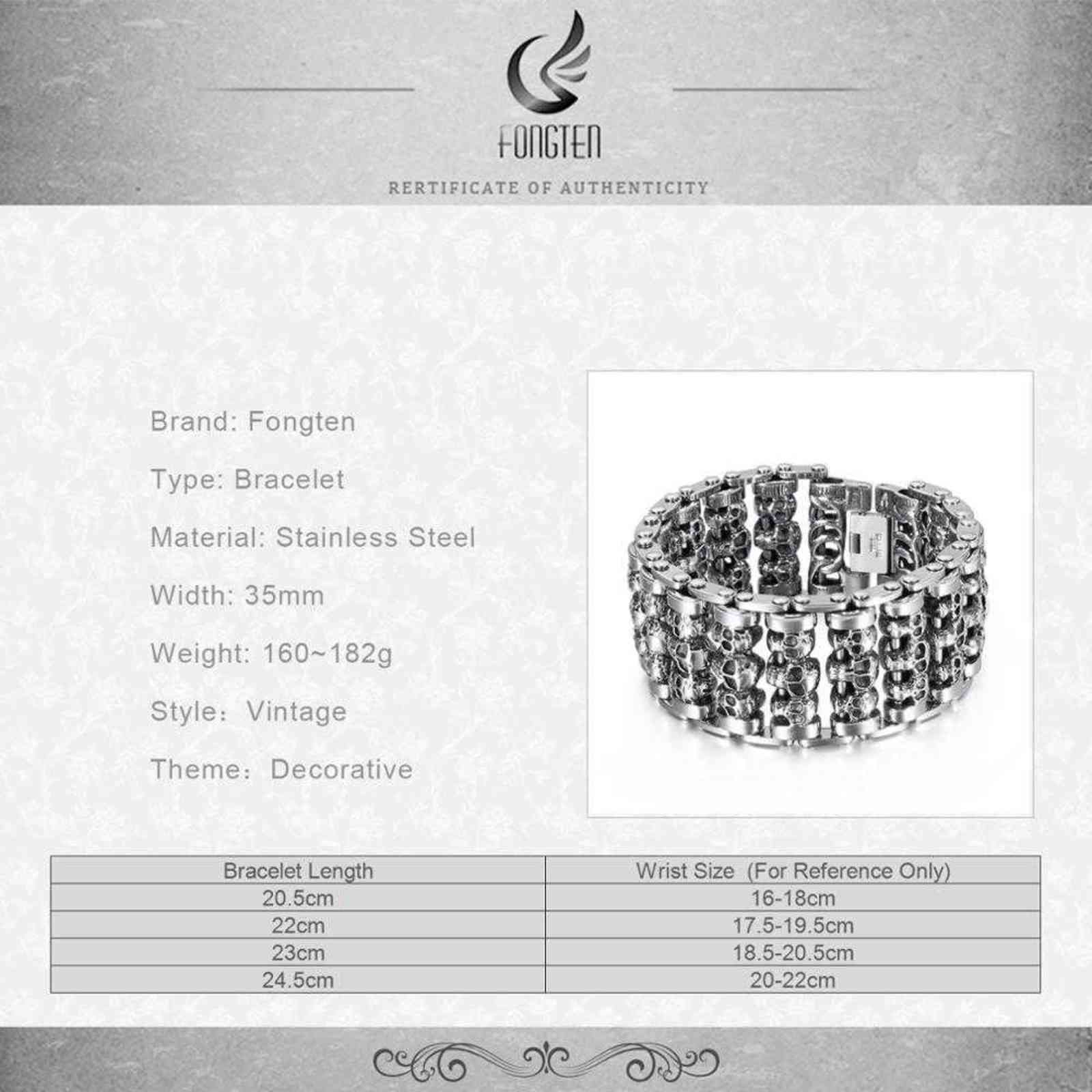 Fongten Wholesale Wide Skull Stainless Steel Bracelets Men Metal Biker Viking Charm Large Argent Bracelet Bangle Jewelry 211124