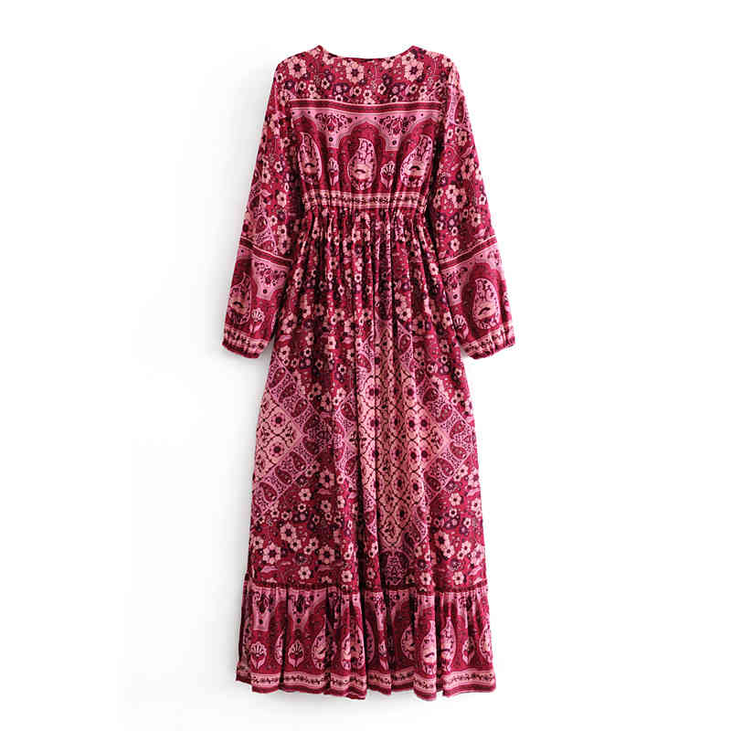 Bohemian Chic Floral Print Maxi Dress Women Holiday V-neck Tassel Fashion Beachwear Female Autumn Bow Sashes Long Dresses 210508