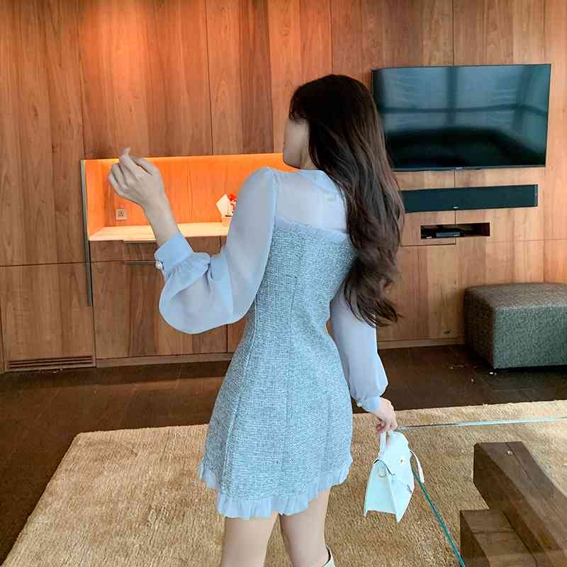 Spring Women's Chiffon Patchwork Ruffle Tweed Woolen Dress Ladies Bow Collar Single-Breasted Long Sleeve Party 210520