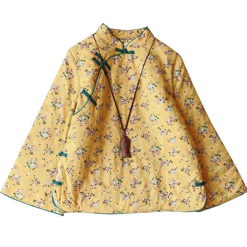 Autumn Winter Arts Style Women Long Sleeve Vintage Button Cotton Padded Coat Linen Loose Warm Print Jacket S49 210512