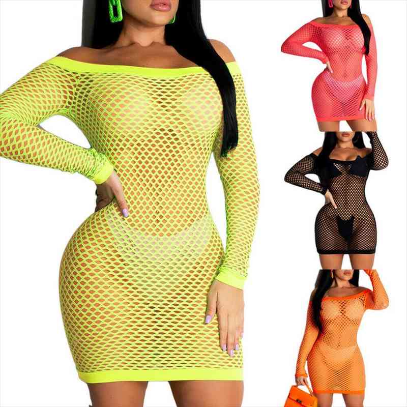 woman shoulder fishnet crochet bodycon beach dress bikini cover ups sundress cothes, White;black
woman shoulder fishnet crochet bodycon beach dress bikini cover ups sundress cothes, White;black