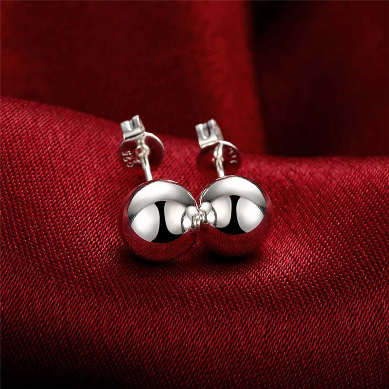 925 Sterling Silver 8/10/12mm Round Smooth Solid Bead Ball Stud Earrings For Women Wedding Engagement Party Jewelry 2702 Q2