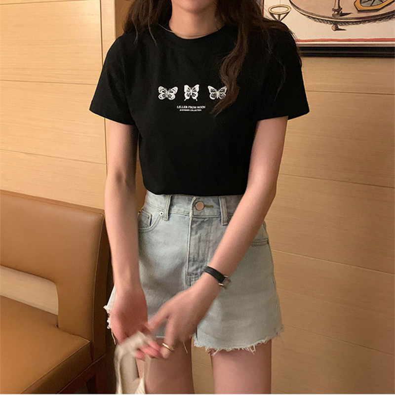 4colors summer korean style Butterfly print Slim short sleeve crop top for womens t-shirts womens tee shirt femme (X1822) 210423